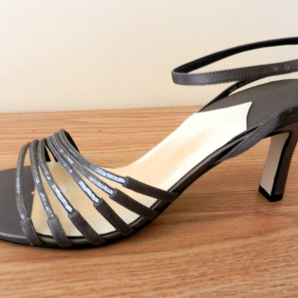 Womens Shoes, Dark Cinder Grey Silk, Ankle Strap Sandals by "Caparros" Size 9M,